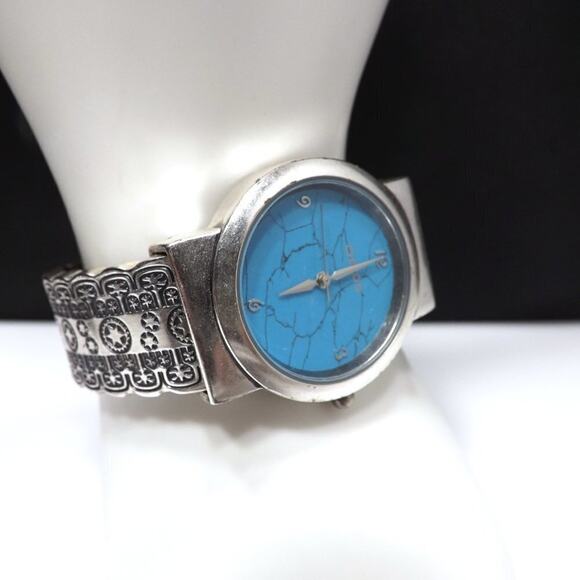 Chico's Cuff Watch, Turquoise Face, Silver Tone Engraved Band, Japanese Movement - Picture 2 of 12